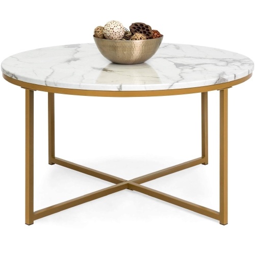 Round Coffee Table W/ Faux Marble Top Metal Frame.   36 inch - Lot 176