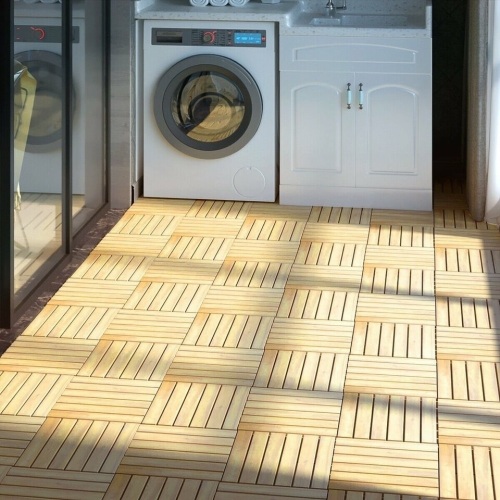 10 Pcs 12" X 12" Acacia Wood Interlocking Stripe Deck Tiles - Lot 402