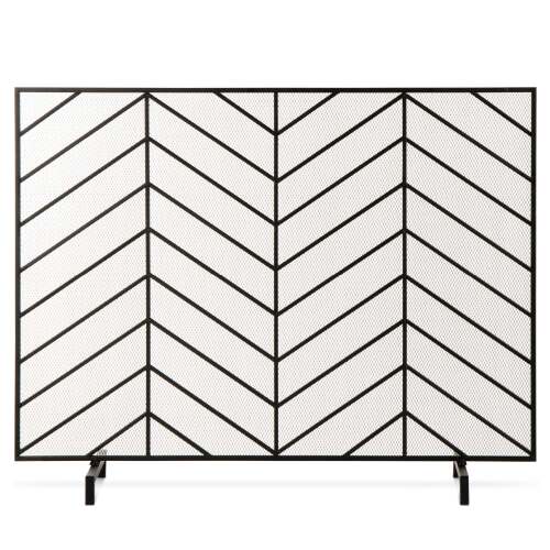 Single Panel Iron Chevron Fireplace Screen w/ Antique Finish - 38x31in - Lot 239
