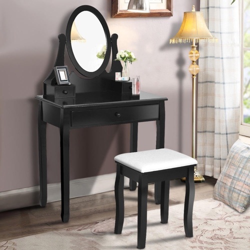 Black Vanity Wooden Makeup Dressing Table Stool Set Bathroom Mirror+3 Drawer - Lot 326