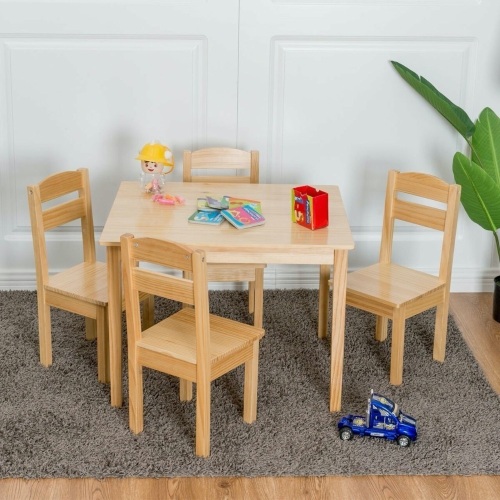 5 Pcs Kids Pine Wood Table Chair Set-Natural - Lot 361
