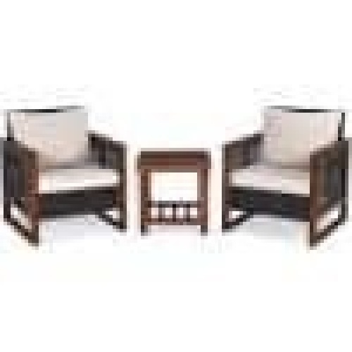3-Pieces Wood Patio Conversation Set with Beige Cushions - Lot 374