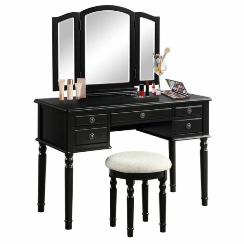Tri-Fold Mirror Table Stool Wooden Vanity Make Up Dressing Set - Lot 491