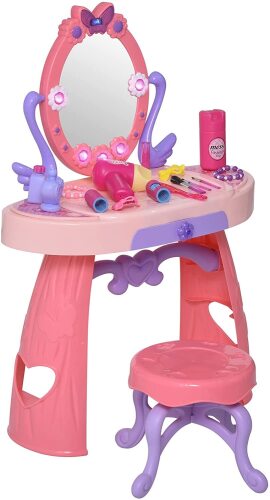 Kids Vanity Table and Stool, Beauty Pretend Play Set with Mirror, Lights, Sounds & Beauty Makeup Accessories for 3-Year-Olds, Pink - Lot 639