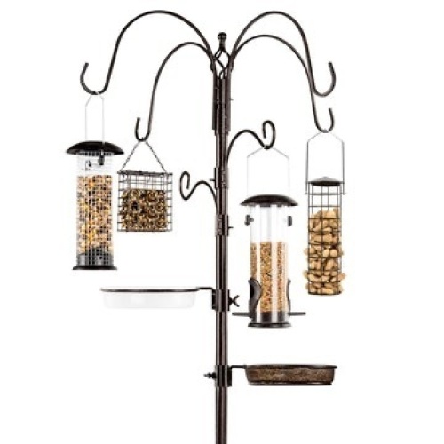 Bird Feeding Station, 6-Hook Steel Multi-Feeder Stand w/ 4 Feeders - 89in  - Lot 801