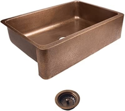 Sinkology Farmhouse/Apron-Front Handmade Pure Solid Copper 33 in. Single Bowl Kitchen Sink in Antique Copper. New with Small Bend (SEE PICTURES) - Lot 87