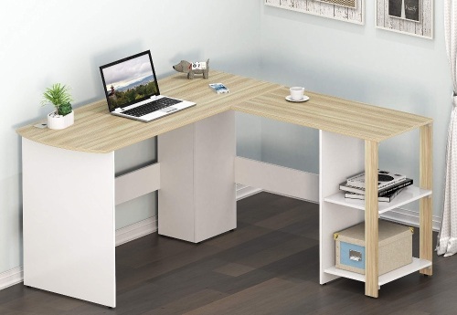 SHW L-Shaped Home Office Corner Desk Wood Top, Oak/White - Appears New   - Lot 146