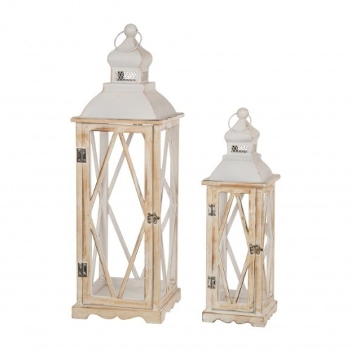 Glitzhome Farmhouse White Wood Metal Lanterns Decorative Hanging Candle Lanterns Set of 2 - Appears New  - Lot 433