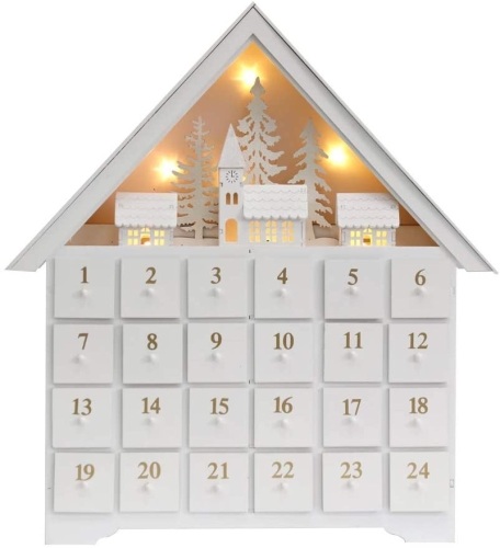 PIONEER-EFFORT 18 Inch Christmas White Wooden Advent Calendar House with 24 Drawers and Led Lights Countdown to Christmas Decoration - Appears New  - Lot 480