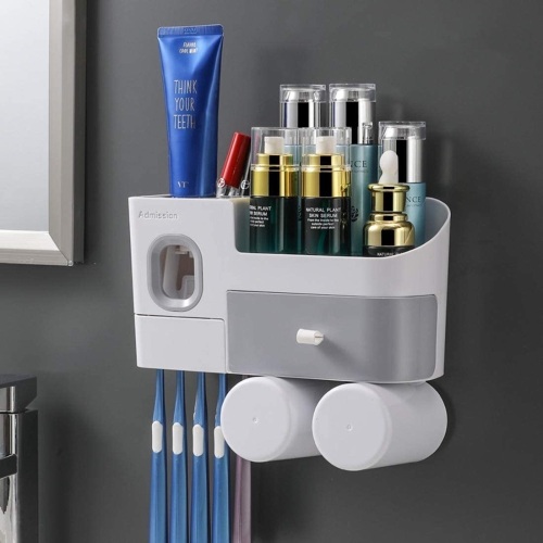Suksadum Wall Mounted Toothbrush Holder with Automatic Toothpaste Dispenser, 2 Cups and Drawers - Appears New   - Lot 483