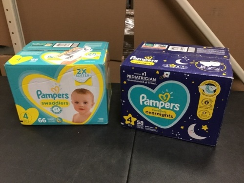 Lot of (1) Pampers Swaddlers Size 4 Diapers, 66 ct & (1) Pampers Swaddlers Overnights Size 4 Diapers, 58 ct - New - Lot 529