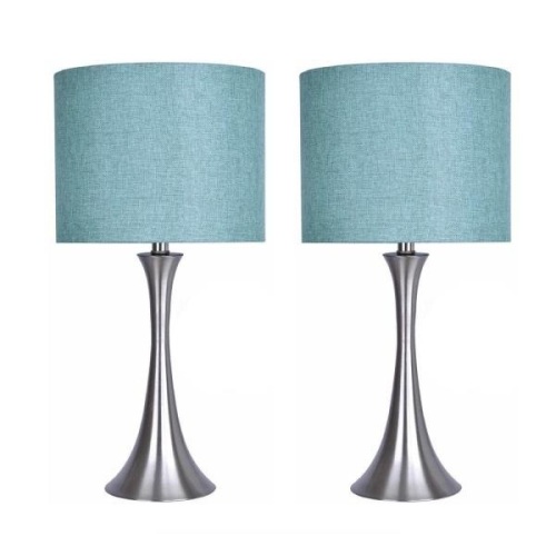 24.25 in. Brushed Nickel Table Lamp Set with Flared Body and Turquoise Linen Shade (2-Pack). Appears New - Lot 534