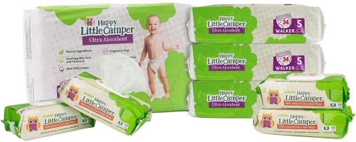 Happy Little Camper Natural Diapers, Size 5 (136) - Disposable Cotton Baby Diapers with Aloe, Ultra-Absorbent, Hypoallergenic and Fragrance Free for Sensitive Skin (136) with Cotton Wipes (288) - Appears New   - Lot 634