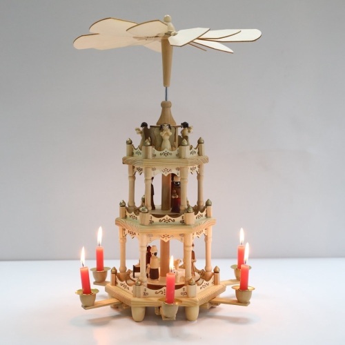 PIONEER-EFFORT Christmas Wooden Pyramid 18", 3 Tier Hand-Painted Nativity Figurines with Turning Wings, 6 Candleholders - Appears New  - Lot 700