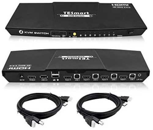 Lot of (1) New TESmart 4-Port HDMI KVM Switch with 2 Pcs 5ft KVM Cables 3840x2160@60Hz 4:4:4 UHD Supports L/R Audio Output and USB 2.0 Device Control - Lot 858