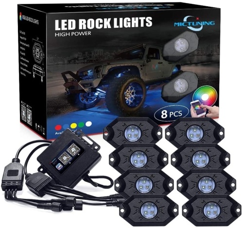 MICTUNING 2nd-Gen RGB LED Rock Lights with Bluetooth Controller, Timing Function, Music Mode - 8 Pods Multicolor Neon LED Light Kit. NEW - Lot 862