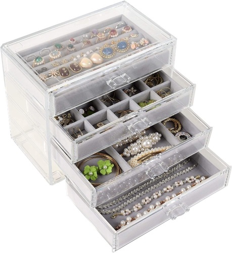 Cozifree Acrylic Jewelry Box, 4 Drawers, Velvet - Appears New   - Lot 924