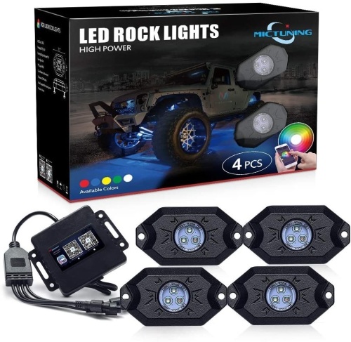 MICTUNING RGB LED Rock Lights with Upgraded APP Bluetooth Controller, Timing Function, Music Mode - 4 Pods Multicolor Neon LED Light Kit. NEW - Lot 933