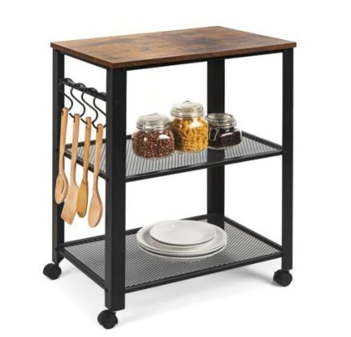 3-Tier Microwave Cart Rolling Utility Serving Cart w/ 2 Shelves, 4 Hooks, Ecommerce Return - Lot 402