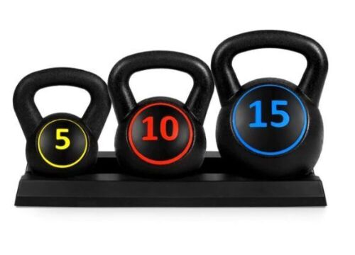 3-Piece Kettlebell Exercise Fitness Weight Set w/ Storage Rack, Appears New, Box Damaged - Lot 437a