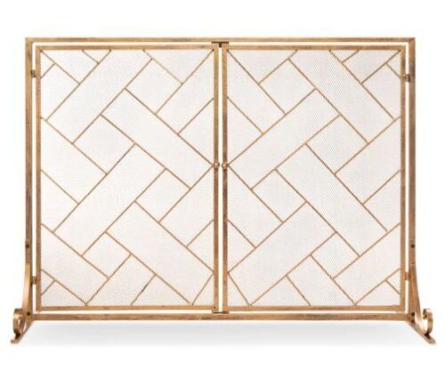 2-Panel Wrought Iron Geometric Fireplace Screen w/ Magnetic Doors - 44x33in, Appears New - Lot 650