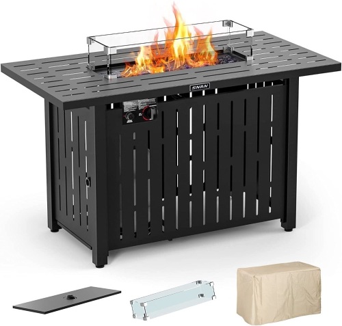 43in Outdoor Propane Gas Fire Pit Table w/ Glass Wind Guard, Glass Rock, Waterproof Cover - Lot 105