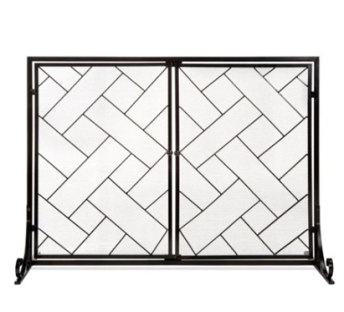 2-Panel Wrought Iron Geometric Fireplace Screen, Black, 44x33in - Lot 201