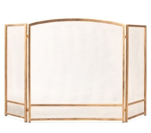 3-Panel Simple Steel Mesh Fireplace Screen w/ Rustic Worn Finish, Antique Gold, 47x29in - Lot 202