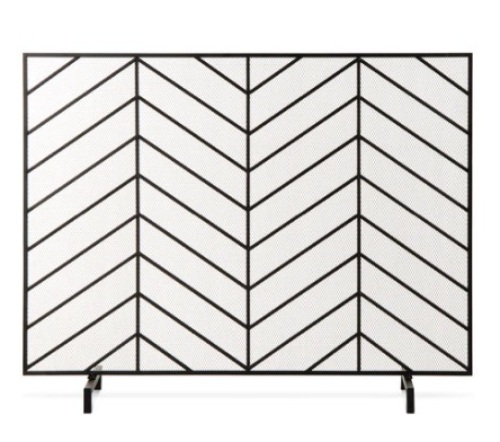 Single Panel Iron Chevron Fireplace Screen w/ Antique Finish, Satin Black, 38x31in - Lot 214