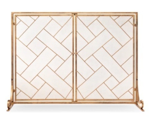 2-Panel Wrought Iron Geometric Fireplace Screen w/ Magnetic Doors, Gold, 44x33in - Lot 216