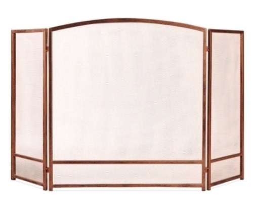 3-Panel Simple Steel Mesh Fireplace Screen w/ Rustic Worn Finish, Copper, 47x29in - Lot 217
