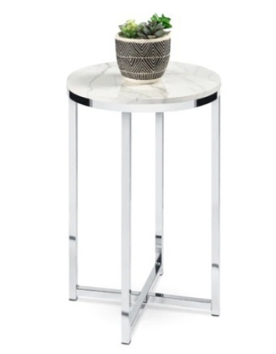 Round Coffee Side Table w/ Faux Marble Top, White/ Chrome Metal Frame, 16in - Lot 219