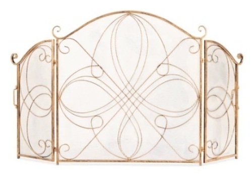 3-Panel Wrought Iron Metal Fireplace Screen Cover w/ Scroll Design, Gold, 55x33in - Lot 231
