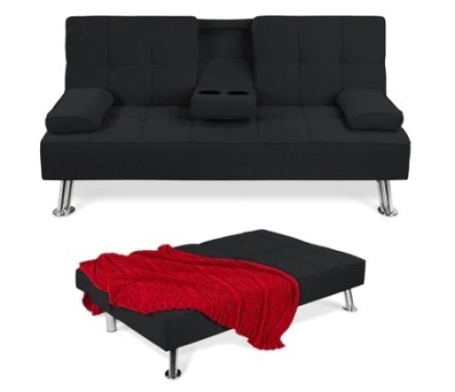 Linen Upholstered Convertible Sofa Bed Futon w/ 2 Cupholders, Black - Lot 263