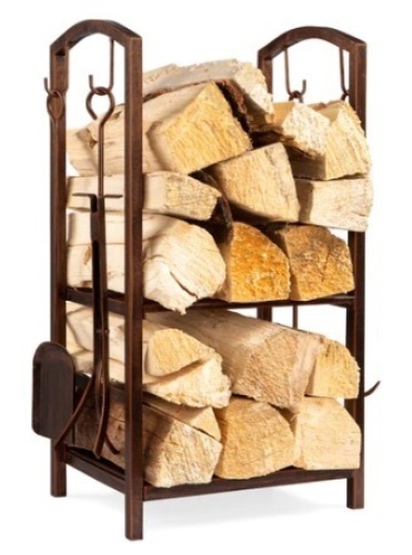 5-Piece Firewood Log Rack Holder Tools Set w/ Hook, Broom, Shovel, Tongs, Copper - Lot 267