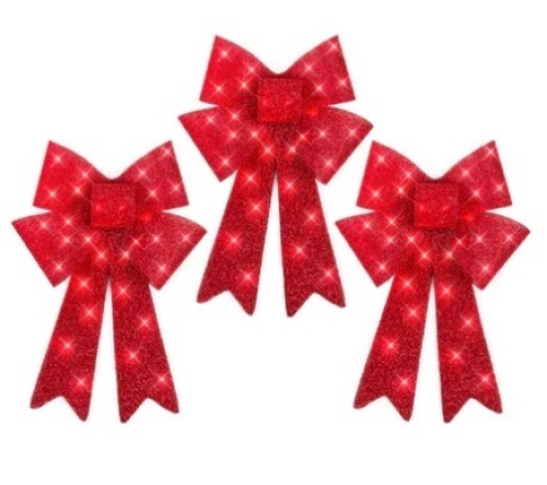 Set of (3) Pre-Lit Christmas Bow Decorations, LED w/ 8 Functions, Red - Lot 281