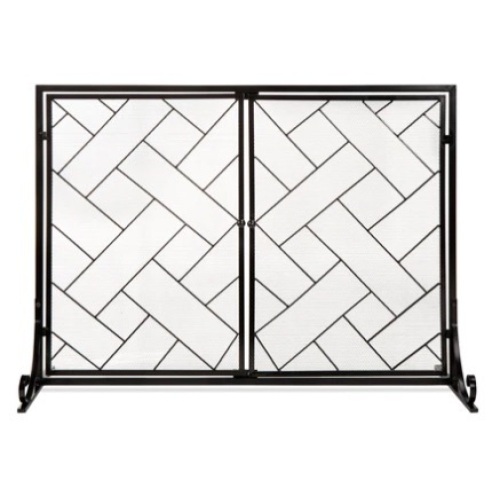 2-Panel Wrought Iron Geometric Fireplace Screen w/ Magnetic Doors, 44x33in, Black - Lot 299