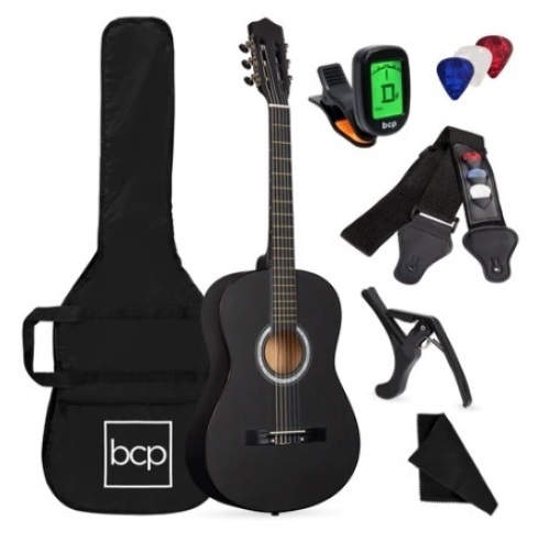 Beginner Acoustic Guitar Set w/ Case, Strap, Digital Tuner, Strings, 38in, Matte Black - Lot 323