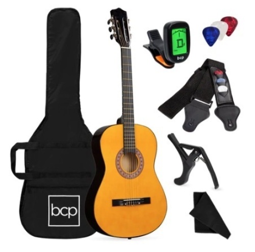 Beginner Acoustic Guitar Set w/ Case, Strap, Digital Tuner, Strings, 38in, Natural - Lot 324