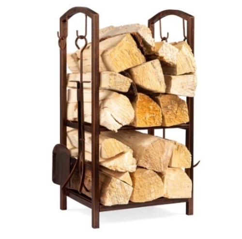 5-Piece Firewood Log Rack Holder Tools Set w/ Hook, Broom, Shovel, Tongs - Lot 326