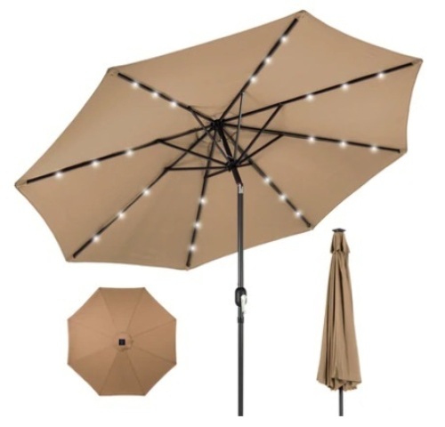 Solar LED Lighted Patio Umbrella w/ Tilt Adjustment, UV-Resistance, 10ft, Tan - Lot 334