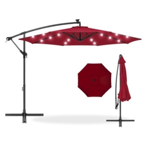 Solar LED Offset Hanging Patio Umbrella w/ Crank Tilt Adjustment ,10ft, Burgandy - Lot 335