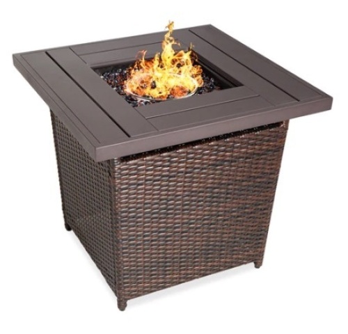 28in Fire Pit Table 50,000 BTU Wicker Propane w/ Faux Wood Tabletop, Cover, Brown - Lot 336