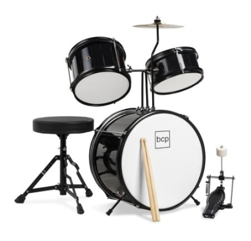 Kids Beginner 3-Piece Drum, Musical Instrument Set w/ Sticks, Stool, Pedal, Black - Lot 337