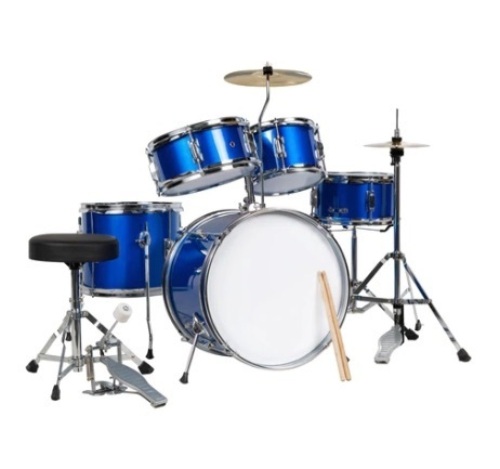 Kids Beginner All Wood Acoustic Drum Kit Starter Set w/ Stool, Drumsticks, Blue - Lot 371