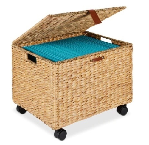 Mobile Water Hyacinth Rolling Filing Cabinet Storage Basket w/ Lid, Wheels - Lot 390