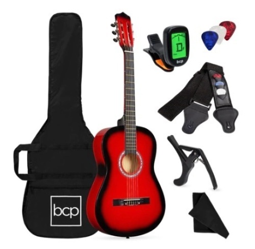 Beginner Acoustic Guitar Set w/ Case, Strap, Digital Tuner, Strings, 38in, Red Burst - Lot 405