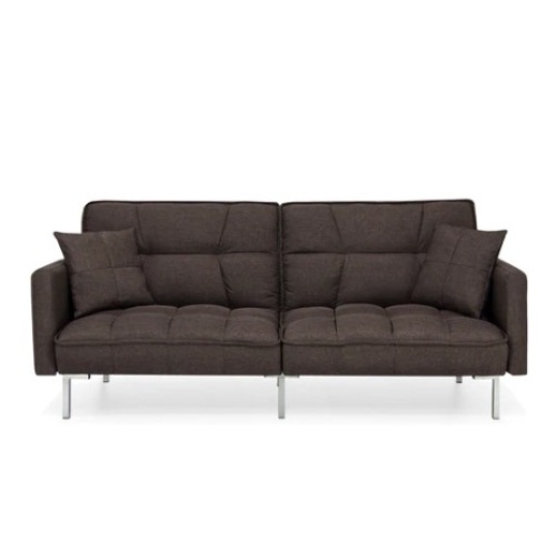Convertible Linen Tufted Futon w/ 2 Plush Pillows, Split-Back Design, Brown - Lot 406