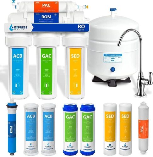 Express Water RO5DX Reverse Osmosis Filtration NSF Certified 5 Stage RO System with Faucet and Tank – Under Sink Water Plus 4 Filters – 50 GPD, 14 x 15 x 5, White - Lot 55