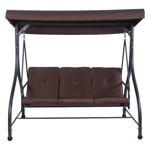 3-Person Steel Metal Outdoor Patio Swing Canopy Hammock with Brown Cushions  - Lot 64